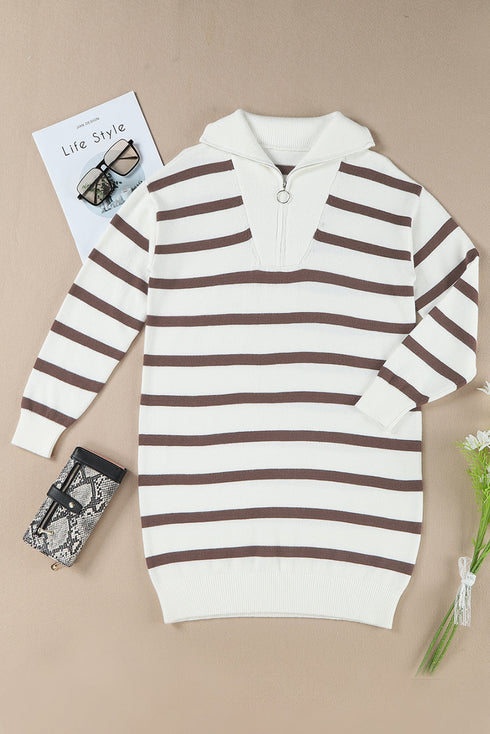 Striped O-Ring Zip Front Collared Drop Shoulder Long Sleeve Sweater Dress